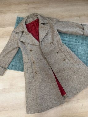 Vintage Sears Fashions Brown Cream Tweed Double Breasted belted Trench Coat Smal